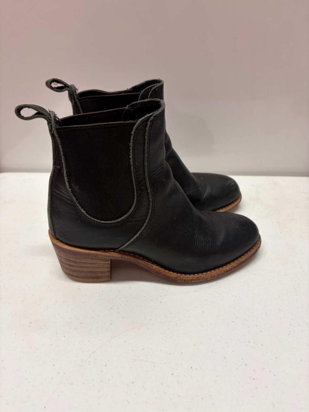 Women's Black Leather Chelsea Ankle Boots with Stacked Heel